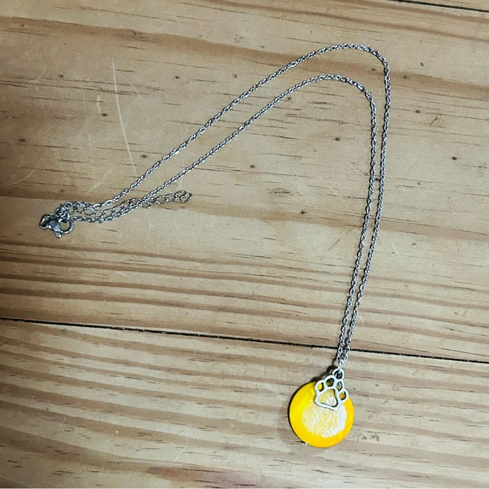 Handcrafted mustard yellow mother of pearl paw charm pendant on chain necklace